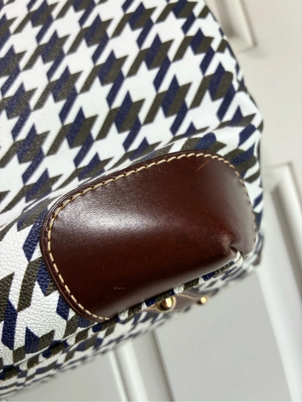 Dooney & Bourke Black and White Houndstooth Duffel with Brown Trim